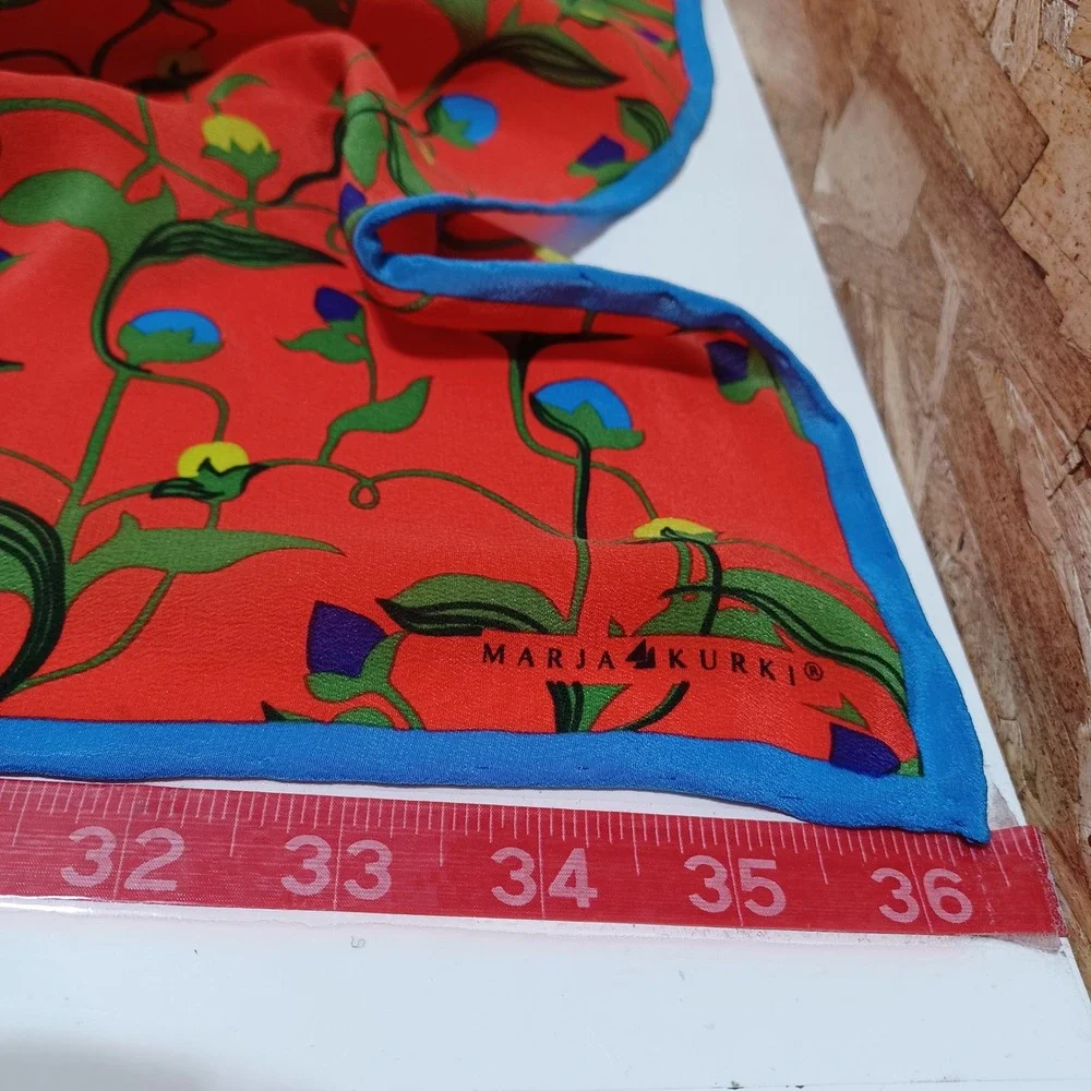Marja Kurki Womens Silk Scarf 35x35 Orange Blue Floral Botanical Artsy Statement